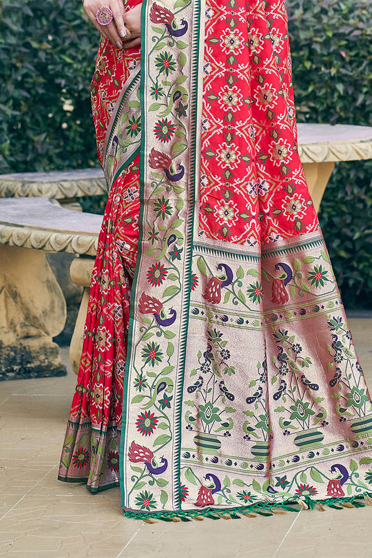 Red Patola Silk Blend Saree With Blouse Piece