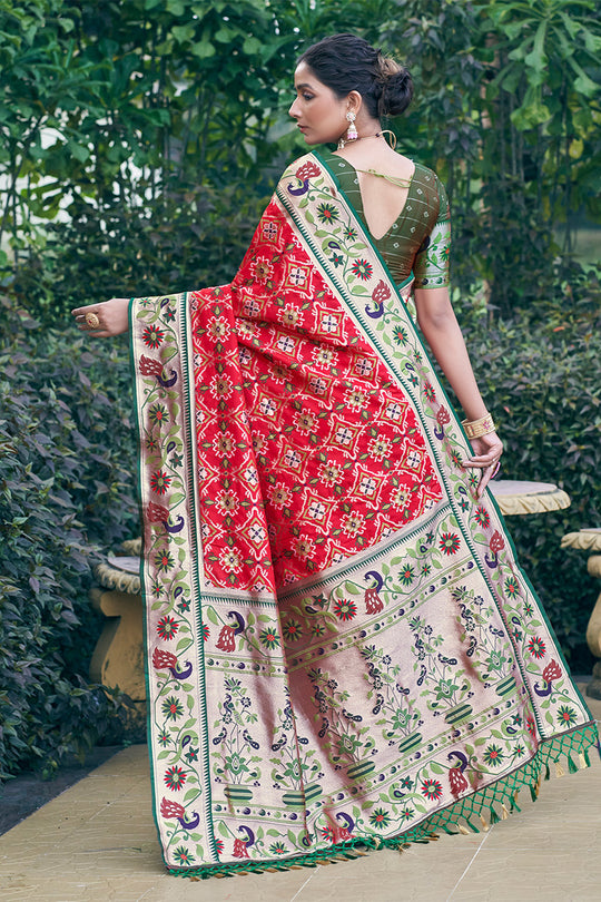 Red Patola Silk Blend Saree With Blouse Piece