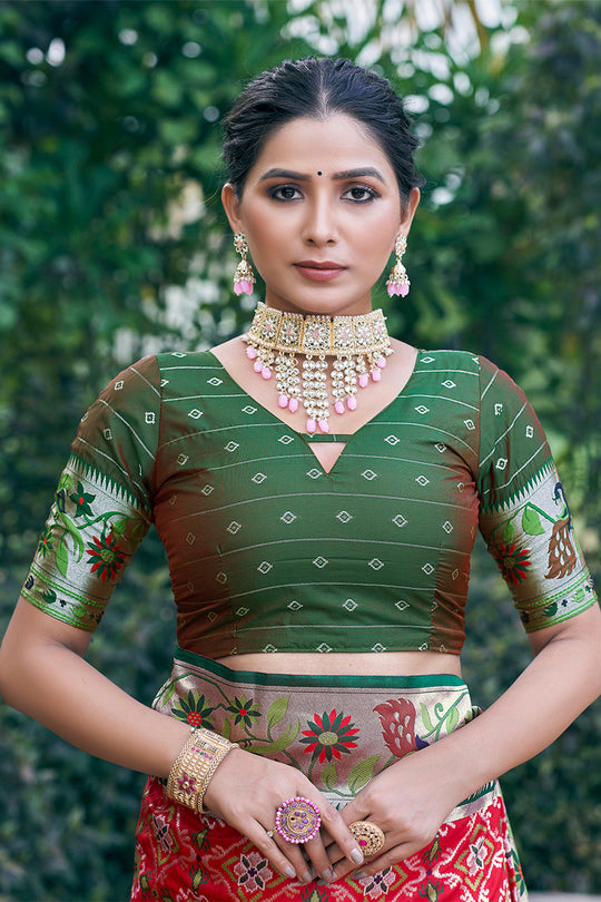 Red Patola Silk Blend Saree With Blouse Piece