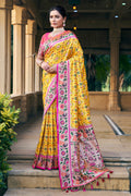 Yellow Patola Silk Blend Saree With Blouse Piece