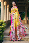 Yellow Patola Silk Blend Saree With Blouse Piece