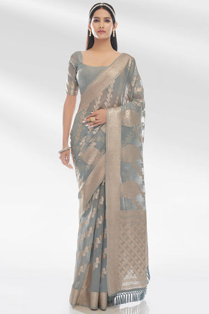 Womens Organza Silk Grey Saree With Blouse Piece