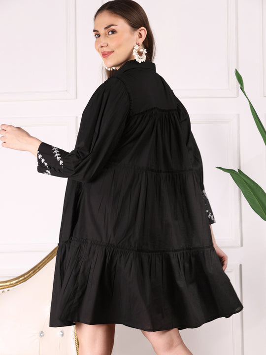 Black Floral Embroidered A-Line Dress