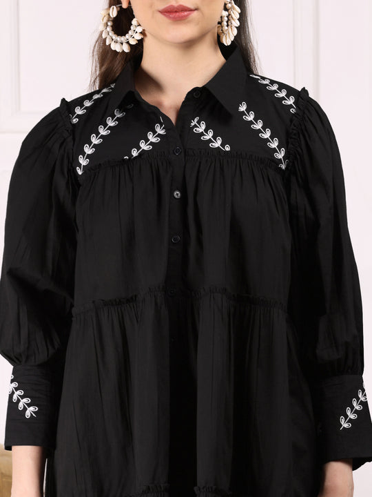 Black Floral Embroidered A-Line Dress