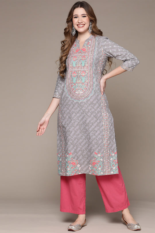 Women's Grey Floral Printed Thread Work Kurta