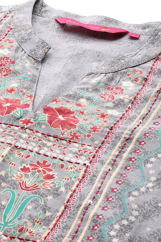 Women's Grey Floral Printed Thread Work Kurta