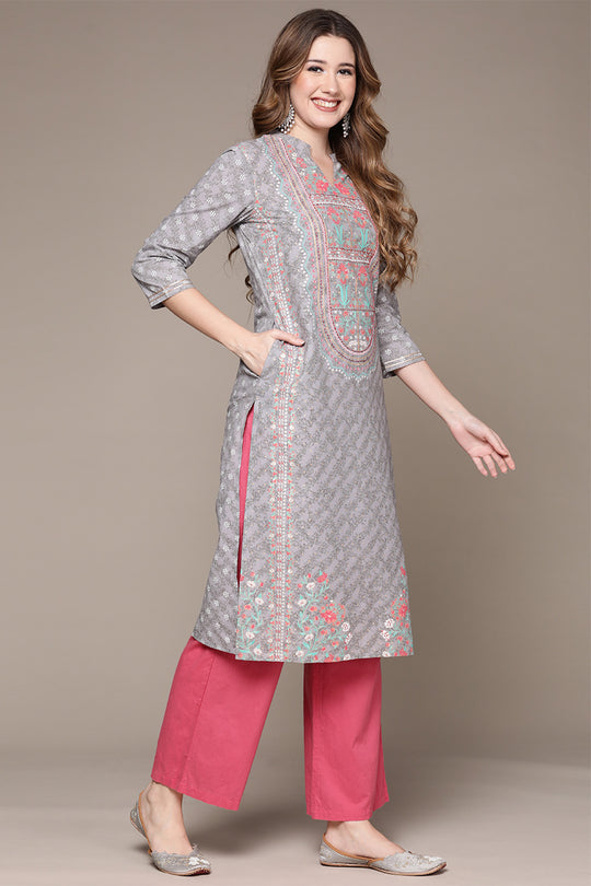 Women's Grey Floral Printed Thread Work Kurta