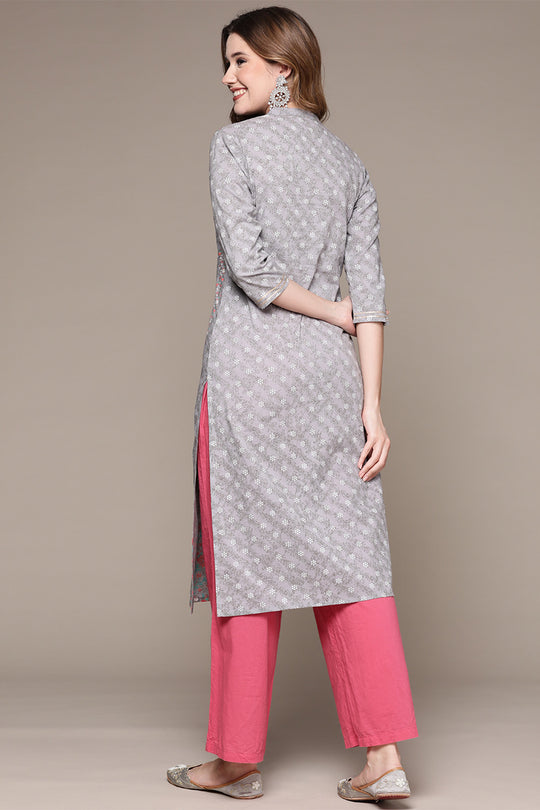 Women's Grey Floral Printed Thread Work Kurta