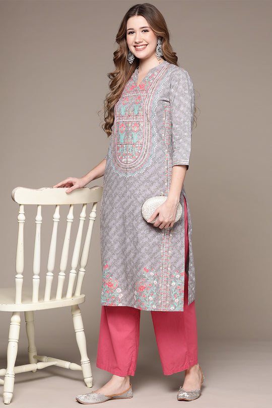 Women's Grey Floral Printed Thread Work Kurta