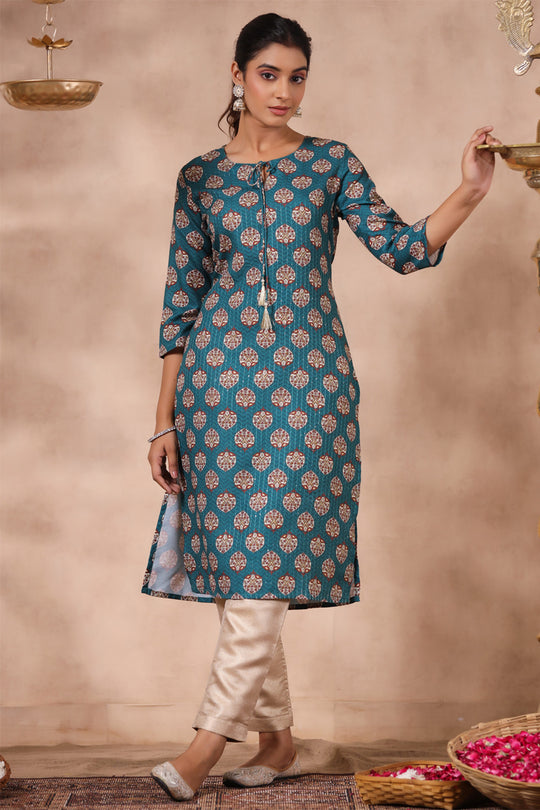 Women's Blue Printed Straight Kurta