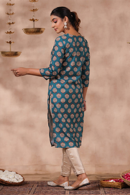Women's Blue Printed Straight Kurta
