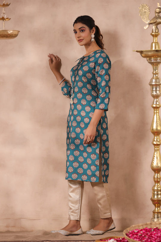 Women's Blue Printed Straight Kurta