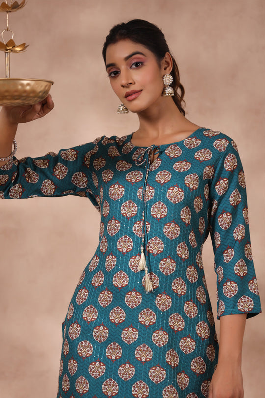 Women's Blue Printed Straight Kurta