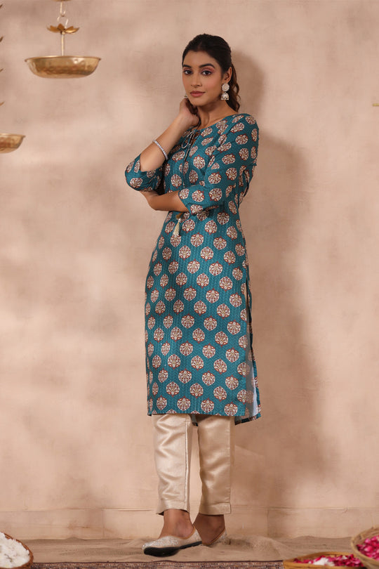 Women's Blue Printed Straight Kurta