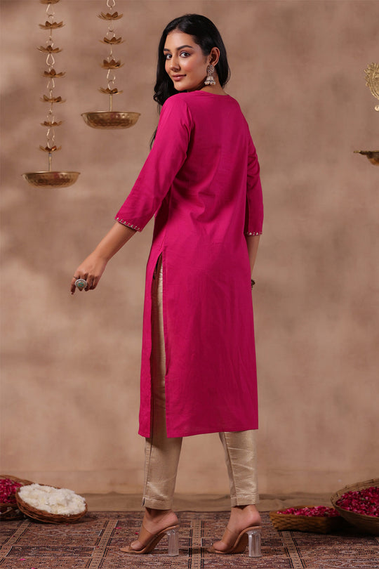Women's Magenta Cotton Straight Kurta