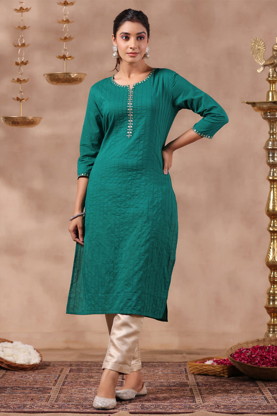 Women's Bottle Green Cotton Kurta