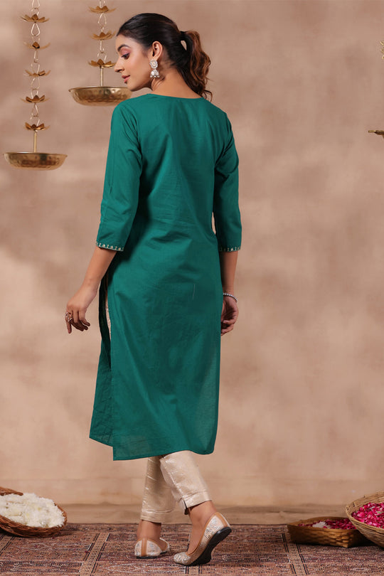 Women's Bottle Green Cotton Kurta