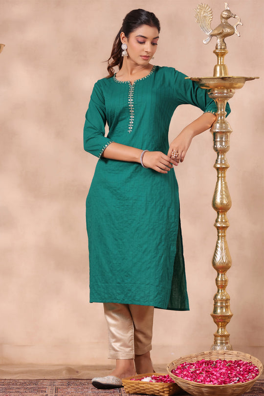 Women's Bottle Green Cotton Kurta