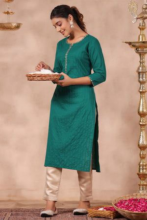 Women's Bottle Green Cotton Kurta