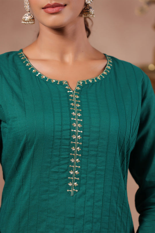 Women's Bottle Green Cotton Kurta
