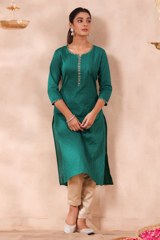 Women's Bottle Green Cotton Kurta