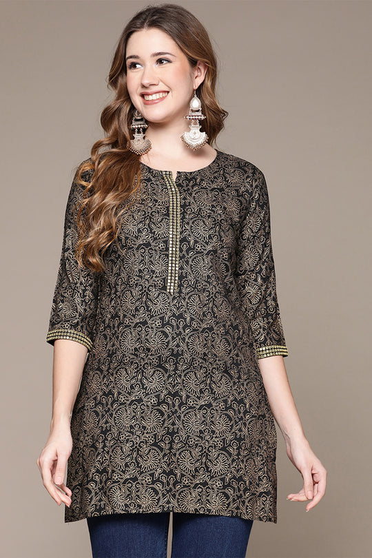 Women's Black & Gold-Toned Ethnic Motifs Printed Kurti