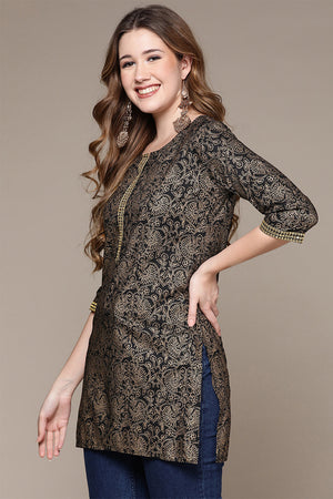 Women's Black & Gold-Toned Ethnic Motifs Printed Kurti