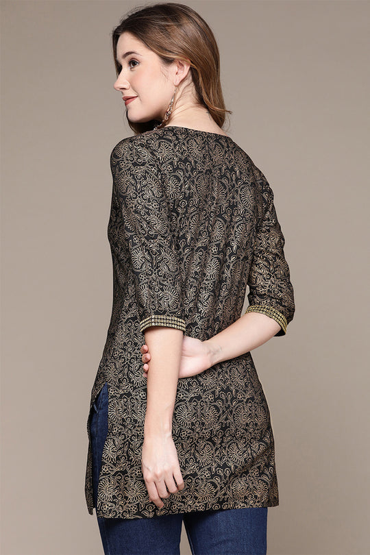 Women's Black & Gold-Toned Ethnic Motifs Printed Kurti