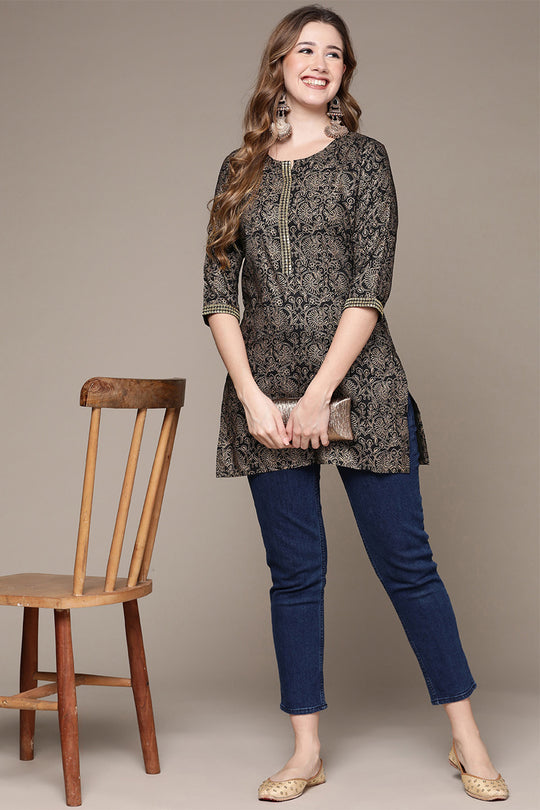 Women's Black & Gold-Toned Ethnic Motifs Printed Kurti