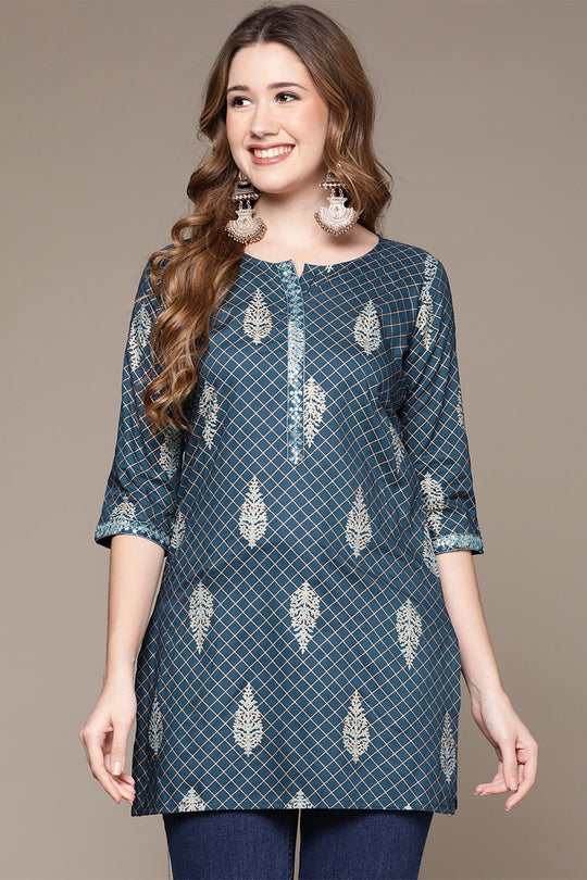 Women's Navy Blue Ethnic Motifs Printed Kurti