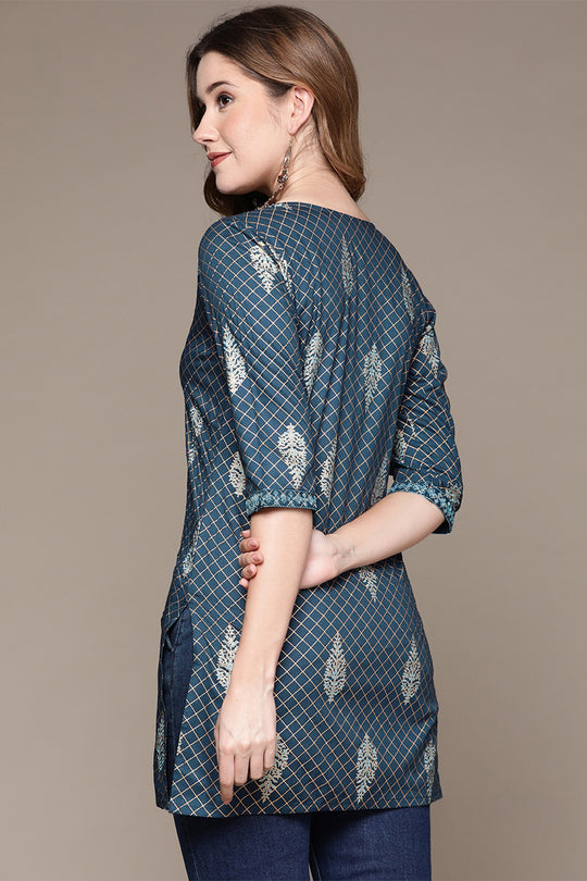 Women's Navy Blue Ethnic Motifs Printed Kurti