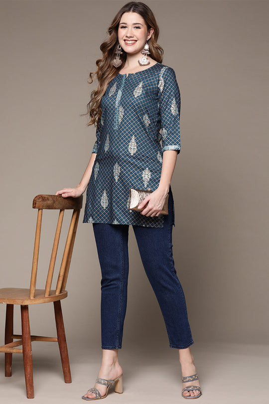 Women's Navy Blue Ethnic Motifs Printed Kurti