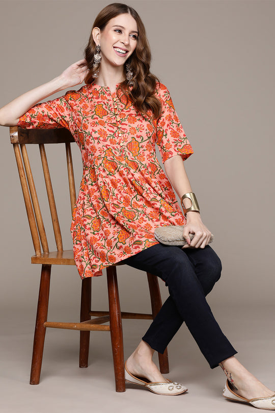 Women's Peach Floral Printed Kurti