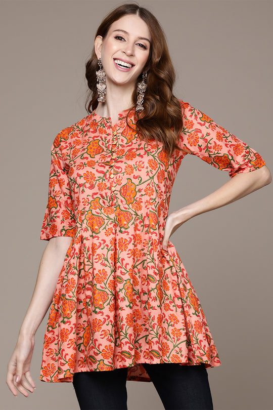 Women's Peach Floral Printed Kurti