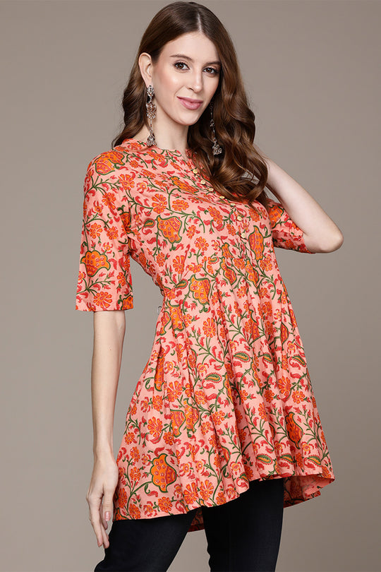 Women's Peach Floral Printed Kurti