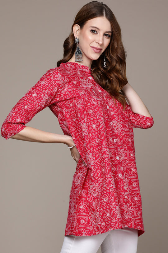 Women's Pink Printed A-Line Kurti