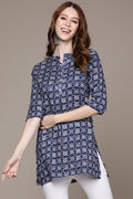 Women's Navy Blue White Ethnic Motifs Printed Kurti