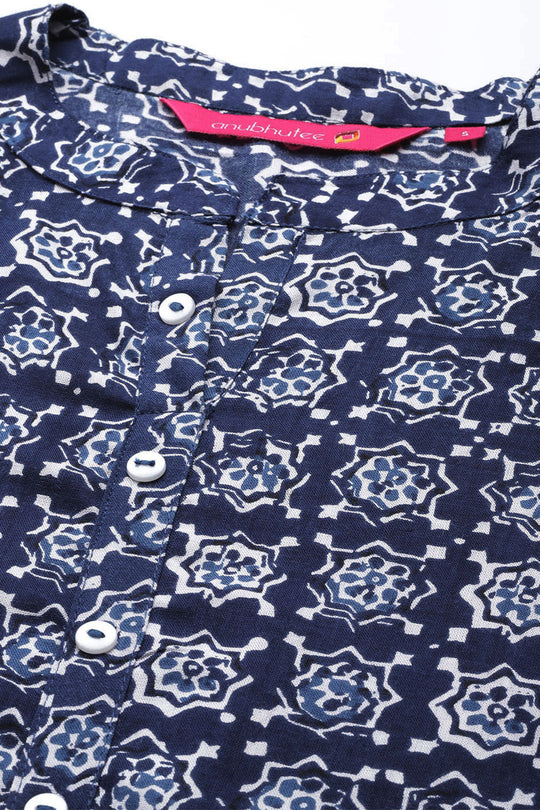 Women's Navy Blue White Ethnic Motifs Printed Kurti
