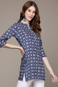 Women's Navy Blue White Ethnic Motifs Printed Kurti