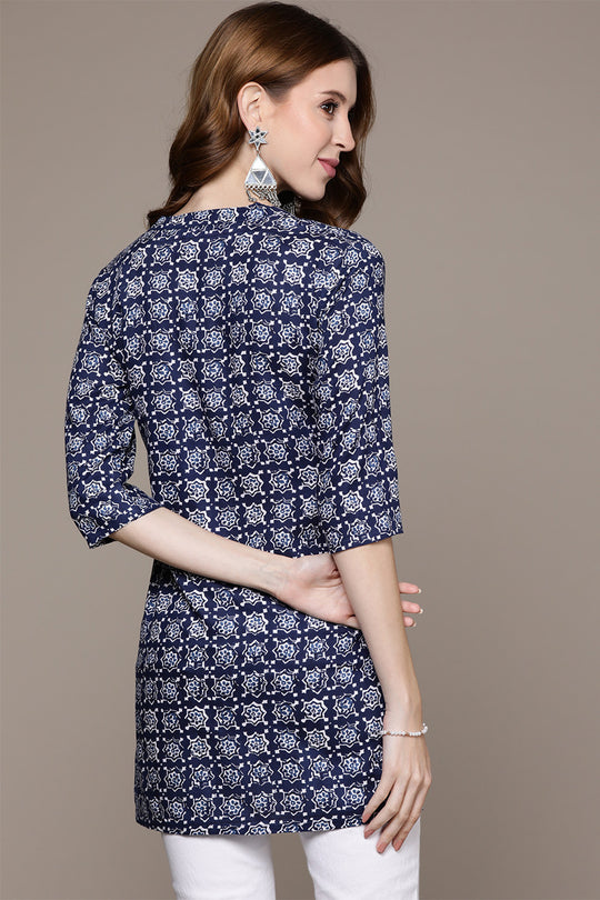 Women's Navy Blue White Ethnic Motifs Printed Kurti