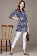 Women's Navy Blue White Ethnic Motifs Printed Kurti