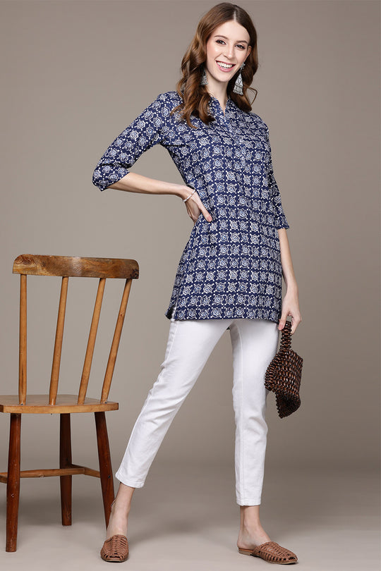 Women's Navy Blue White Ethnic Motifs Printed Kurti