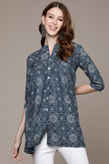 Women's Navy Blue Ethnic Motif A-Line Kurti