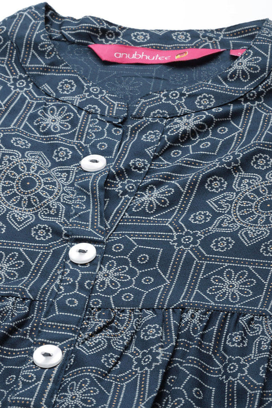 Women's Navy Blue Ethnic Motif A-Line Kurti