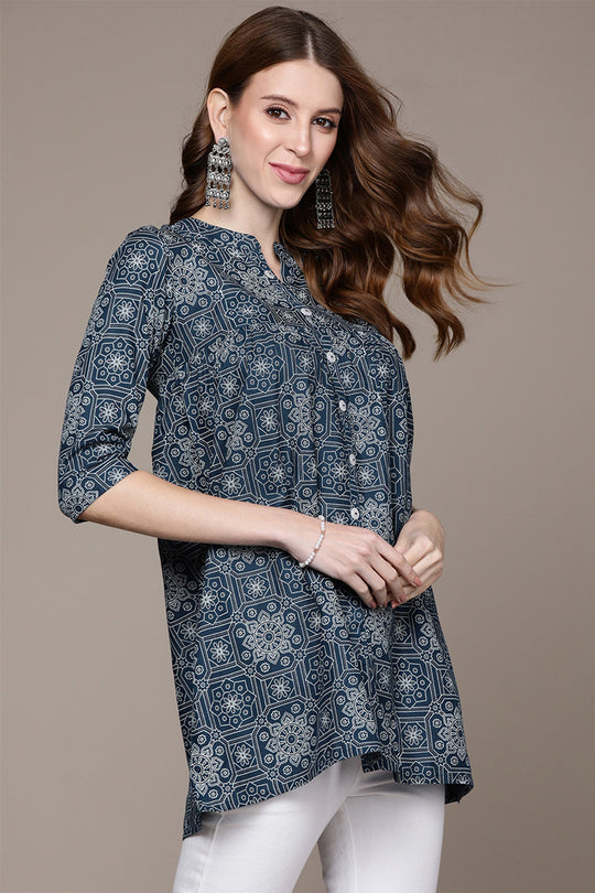 Women's Navy Blue Ethnic Motif A-Line Kurti