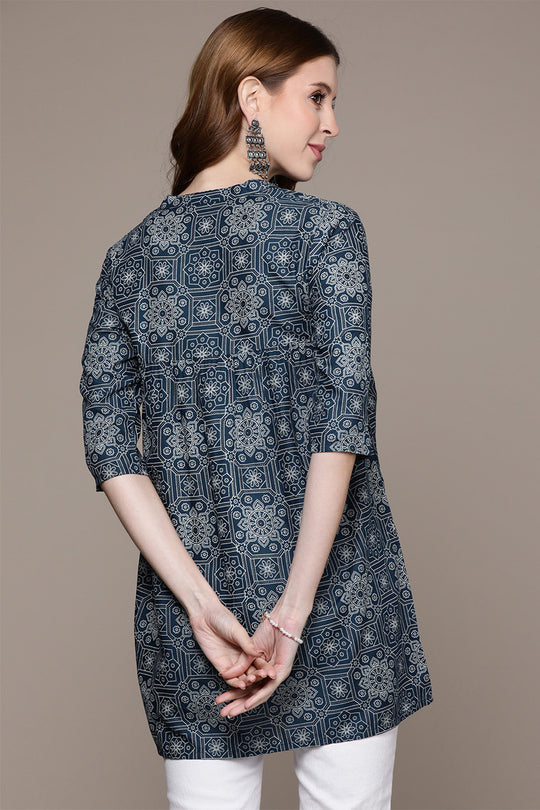 Women's Navy Blue Ethnic Motif A-Line Kurti