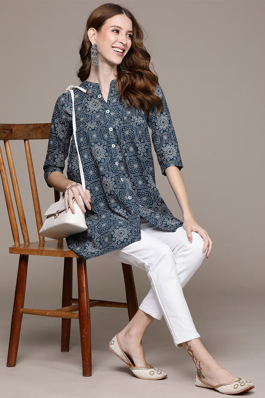 Women's Navy Blue Ethnic Motif A-Line Kurti