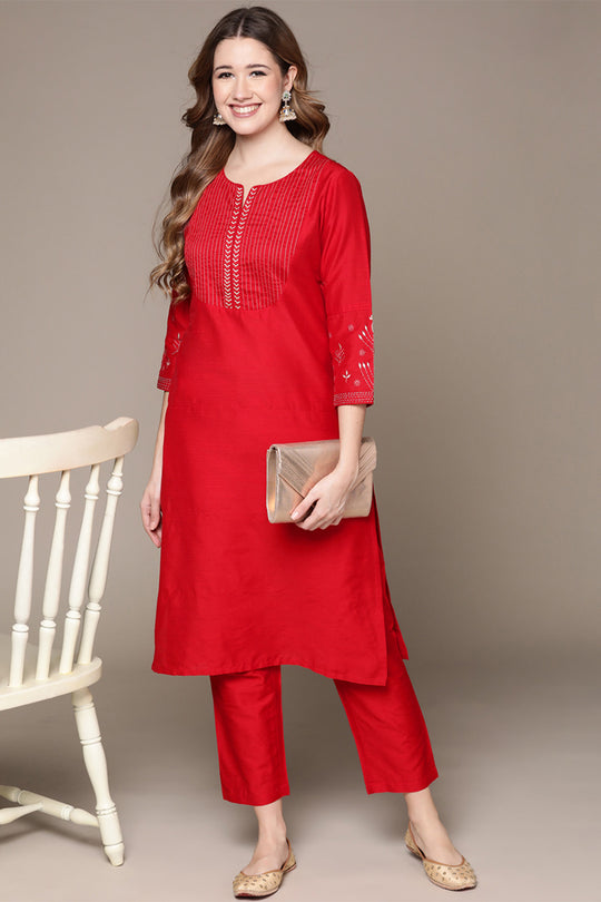Women's Red Embroidered Kurta Set with Trousers