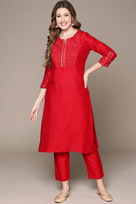 Women's Red Embroidered Kurta Set with Trousers