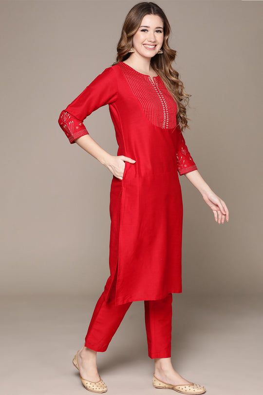 Women's Red Embroidered Kurta Set with Trousers